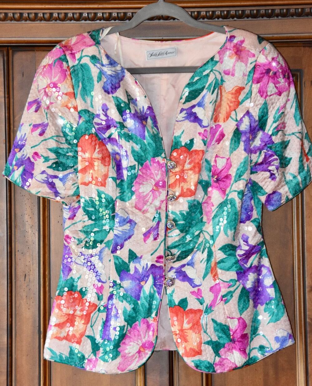 SAKS FIFTH AVENUE Vintage Full Sequin Floral Evening Blouse